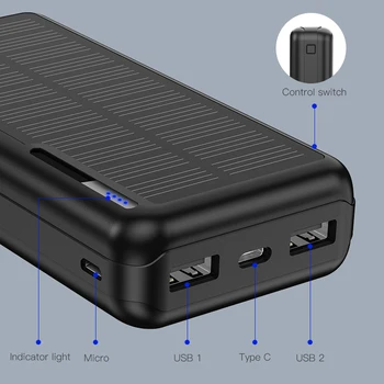 KUULAA Saulės Energijos Banko 20000mAh Nešiojamų Įkrovimo PowerBank 20000 mAh Lauko USB PoverBank Išorės Baterijos Įkroviklio Xiaomi