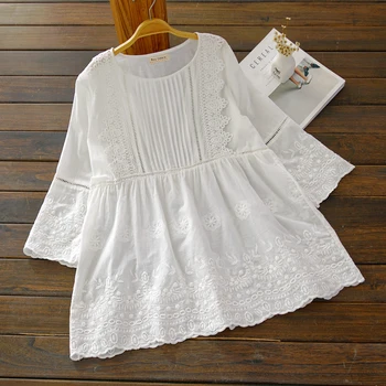 Lolita Pasakų palaidinė nėrinių siuvinėjimas medvilnės, baltos spalvos doll marškinėliai topai mori mergina