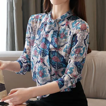 Mados Moterų BowTops Korėjos Stiliaus Moterys Ilgomis Rankovėmis Spausdinti Marškinėliai Prarasti Šifono Palaidinė Office Lady Drabužius Blusas 8401 50