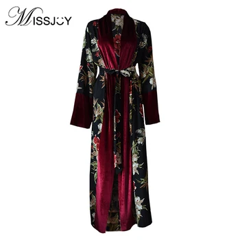 MISSJOY Atidaryti abaja Maxi Aksomo Suknelė Moterims Dubajus Kaftan Drabužių 2019 susagstomi megztiniai ilgomis Rankovėmis Gėlių Spausdinti Islamo Musulmonų kimono