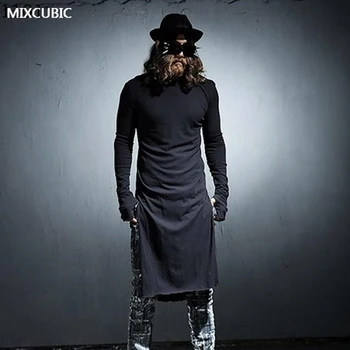 MIXCUBIC pavasario Naktį kostiumai asmenybės Burr dizaino t-shirt vyrams juoda Ilgai skyriuje atsitiktinis slim, T-marškinėliai,stalviršiai, trišakiai,M-XL