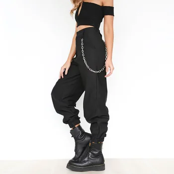 Moterų Black Hip-Hop Grandines Ilgi Poilsiu Kelnės Moteriška Aukštos Juosmenį Laisvas Kelnes 2020 M. Pavasario Mados Ponios Streetwear Buttoms