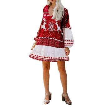 Moterų Kalėdų Spausdinimo Suknelė Atsitiktinis Žibintų Rankovės Prarasti V-kaklo Drabužius Kalėdos Drabužius Ponios Šalis Suknelės Raudona Moteriški Drabužiai