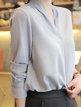 Moterų Šifono Marškiniai, Elegantiškas Saldus Office Lady Korėjos Stiliaus Palaidinės 2020 M. Pavasarį Long Sleeve V-Kaklo Prarasti Dizaineris Priežastinis Viršūnės