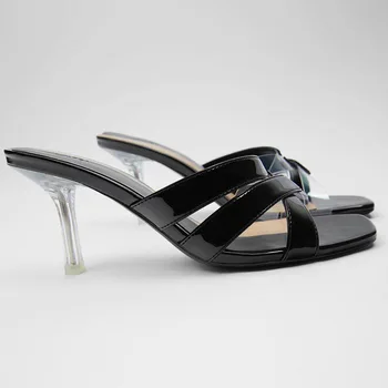 Moterų Šlepetės ir Sandalai Aukšto kulno Romos Sandalai Lakinės odos +pvc Skaidres Moterys, prekės ženklo batai 2020 Naujas Vasaros