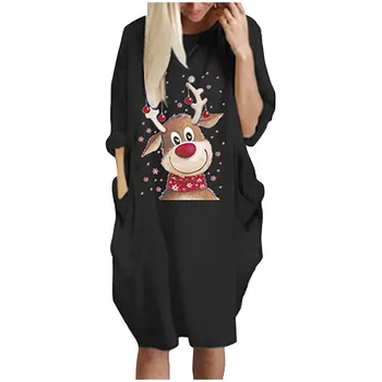Moterų Žiemos Kalėdų Dress Negabaritinių Mados Prarasti Įgulos Kaklo Kišenėje Spausdinti Suknelė Rudens Drabužiai korėjos Moterų Gaubtu#p3
