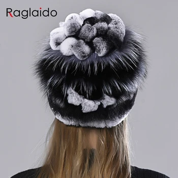 Natūralaus kailio kepurės triušis fox purus kailis gėlių beanie skrybėlių žiemos moterys šiltas earflap kepurės vertus siuvami moterų originali tikro kailio kepurės