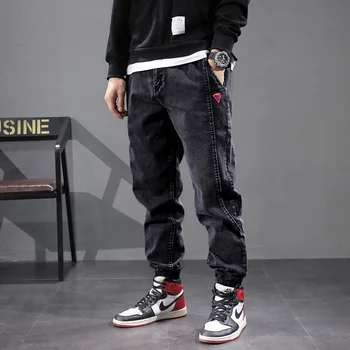 Naujai Mados Žiemą Šiltas Džinsai Vyrams, Palaidi Tinka Spliced Dizaineris Pločio Kojų Haremo Kelnės Cargo Kelnės Streetwear Hip-Hop Poilsiu