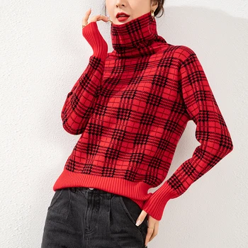 Naujas Elegantiškas Moterų Rudens/Žiemos Krovimas Apykaklės Patikrinti Megztinis Džemperis Large Dydis Laisvi Megztiniai Megztinis Megztinis Marškinėliai Apačioje