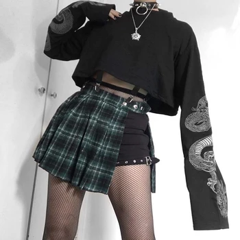 Pasėlių Viršuje Moterų 2020 M. Rudenį Palaidinukė Dragon Spausdinti Ilgomis Rankovėmis Korėjos Mados Megztinis Juodas Atsitiktinis Gotikos Streetwear Hoodies