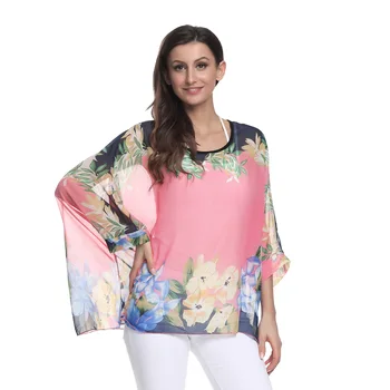 Plus Size Šifono Palaidinė Marškinėliai Topai Atsitiktinis Moterims Gėlių Spausdinti Negabaritinių Vasaros Paplūdimio Palaidinės Prarasti Pusę Batwing Rankovės blusas