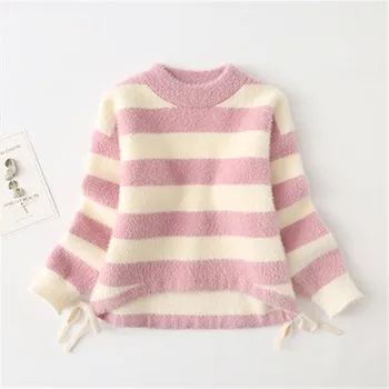 Rudenį Sweet Baby Merginos Megztinis Vaikai Drabužiais Žiemą Šilta Merginos Golfo Dryžuotas Megztiniai Vaikiškų Megztinių Trikotažas Viršūnes Naujas