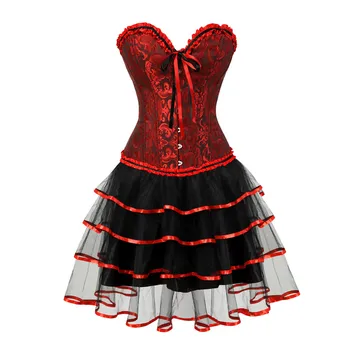 Sapubonva korsetai moterų plius dydis Parodijos kostiumas overbust korsetai suknelė su tutu sijonas raudona ir juoda corselet mados