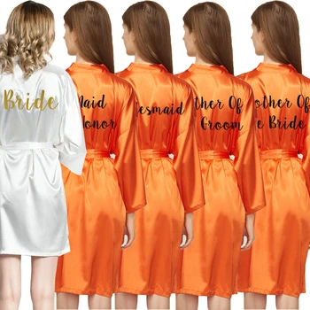 Satino, šilko chalatai moterims Suknelė Vestuvių Chalatai Skraiste Nuotaka Bridesmaid Padažu Suknelė Bridesmaid, oranžinė priskirtą raidę spausdinti skraiste
