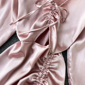 Seksualus Satino Raišteliu Mini Suknelė Rudenį 2020 Kietas Rožinė/Balta Žibintų Ilgomis Rankovėmis Tuščiaviduriai Iš Pynimas Bodycon Suknelės Vestidos Naujas