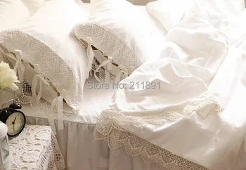 Snow white patalynės komplektas Prabangių tuščiaviduriai iš nėrinių antklode padengti lova sijonas lapas Kietas užvalkalas pynimas lovatiesė parure de šviečia