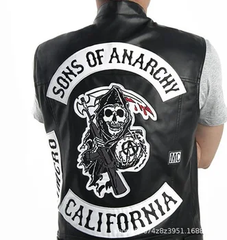 Sons Of Anarchy Siuvinėjimo Odos Rock, Punk Vest Cosplay Kostiumas Juodos Spalvos Motociklo Striukė Be Rankovių