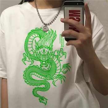 Streetwear viršūnes moteriški marškinėliai ulzzang Harajuku senovinių Kinų drakonas print T-shirt vasaros atsitiktinis moterų Estetinės mergina marškinėliai