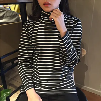 Tee Marškinėliai Moteris 2021 M. Pavasarį Naujas korėjiečių Harajuku Dryžuotas Golfo marškinėliai Moterims ilgomis Rankovėmis marškinėliai Atsitiktinis Viršūnės