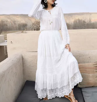 TEELYNN boho ilgomis rankovėmis maxi suknelės moterims rudens apdaras 2020 m. derliaus baltos spalvos gėlių siuvinėjimas nėrinių suknelė lady šalies vestidos