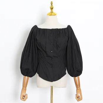 TWOTWINSTYLE Elegantiškas Juodos spalvos Marškinėliai Moterims Velniop Kaklo Išjungti Peties Žibintų Rankovėmis Palaidinė Moterų 2020 M. Rudenį Mados Naują Drabužių