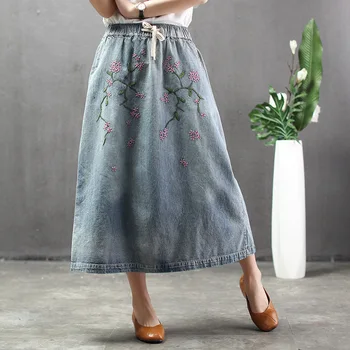 Vasarą nacionalinės retro stiliaus siuvinėjimų miltelių nuplauti moterų džinsinio audinio sijonas moterų elastinga juosmens dydį, sijonai ilgi mergina