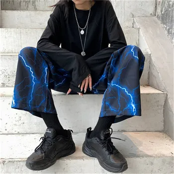 Žaibo Spausdinti Streetwear Krovinių Kelnės Moterims Atsitiktinis Ponios Poilsiu Kelnės Aukštu Juosmeniu Hipių Baggy Pants Rudens Žiemos Kelnės