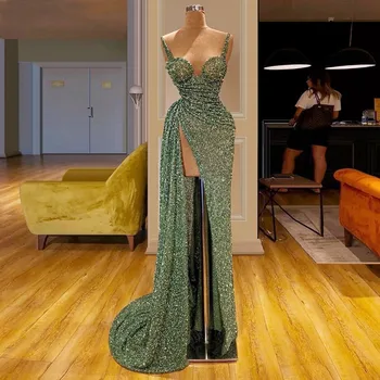 Žalia China Undinė Prom Dresses Moterų Oficialią Šalies Nakties Pusėje Padalinta Vakare Gown 2020 Spagečiai Dirželiai Elegantiškas Vestido De Gala