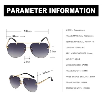 2020 NAUJAS Mados frameless rupūžė pilotas vyrų akiniai nuo saulės moterims prabangos tendencija didelis rėmas prekės UV400 akiniai nuo saulės Oculos De Sol