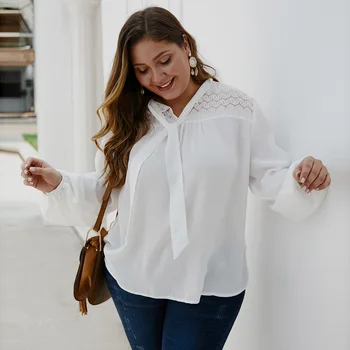 2021 m. pavasarį, rudenį plius dydis viršūnes moterims ilgomis rankovėmis atsitiktinis palaidų V kaklo šifono marškinių dydį, viršuje balta 4XL 5XL 6XL 7XL