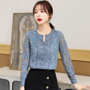 2021 Naujų Rudens Mėlynos Spalvos Nėriniais Apačioje Marškinėliai Moterims Office Ilgomis Rankovėmis Gėlių Megztinis Palaidinė Moterims Korėjos Plius Dydis Ponios Viršūnes 10357