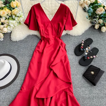 2021 Slim Mados Asimetriškas Raukiniai V Kaklo Vasaros Midi Ilgio Suknelė Šalies Moterų Atsitiktinis Elegantiškas Suknelės Nereguliarus Paplūdimio Vestidos