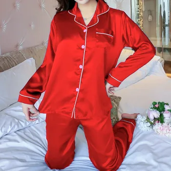 2VNT Pižama Rinkiniai Moterims Atvartas, Šilko Imitacijos ilgomis Rankovėmis Namų Drabužiai Ponios Mujer Sexy Satin Viršūnes+Kelnės Pižamą Sleepwear Rudenį