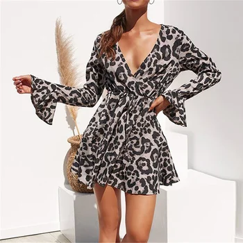 Aachoae Moterų Vasaros Suknelė Leopardas Spausdinti Boho Paplūdimio Suknelės Atsitiktinis Pynimas ilgomis Rankovėmis-line Mini Šalis Suknelė Vestidos