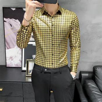 Aukštos Kokybės Skaitmeninė spauda ilgomis Rankovėmis Marškinėliai Vyrams Drabužius 2020 m. Visos Rungtynės Slim Fit Atsitiktinis Biuro Palaidinė Homme Aukso/Sidabro 3XL-M