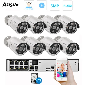AZISHN H. 265 8CH 5MP POE Saugumo kamerų Sistema, Rinkinys, Veido aptikimas Garso Įrašo IP Kamera Lauko CCTV Vaizdo Stebėjimo NVR Rinkinys