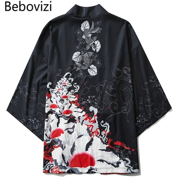 Bebovizi 2020 Japonų Kimono Švarkas Koi Spausdinti Harajuku Hip-Hop Vyrų Japonija Streetwear Chalatas, Švarkas Vasaros Plonas Laisvus Drabužius