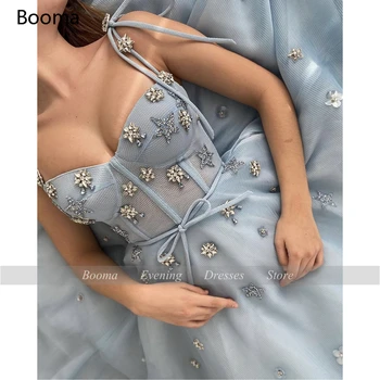 Booma Akių Tinklas, Tiulio Prom Dresses Baby Blue Spagečiai Dirželiai-Line Šalis Suknelės Kristalai Arbata-Ilgis Trumpas Oficialią Chalatai