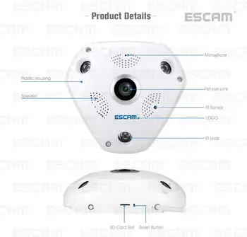 ESCAM Fisheye Kameros Palaikymo VR Lauke QP180 Ryklys 960P IP WiFi vaizdo Kamera 1.3 MP 360 Laipsnių Panoramines Infraraudonųjų spindulių Naktinio Matymo Kamera