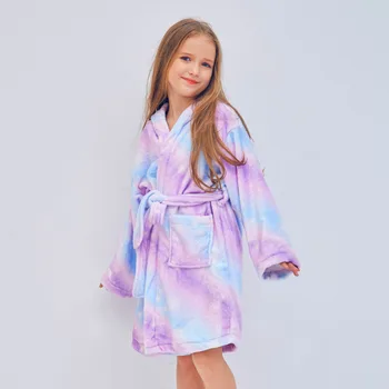 Fioday Naujas Žiemos Mielas Vaivorykštė Chalatai Mergaičių naktiniai marškiniai, pižamos Vienaragis Modelis su Gobtuvu Rankšluostį Virvę Šiltas Sleepwear Vaikams