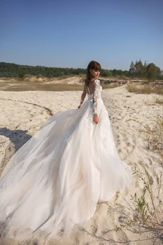 Ilgomis Rankovėmis Bohemijos Nėrinių Vestuvių Suknelės 2021 Appliques Paplūdimio Vestuvių Suknelė Nuogas Tiulio Gėlės Mygtukus Plius Dydžio Nuotakos Suknelė