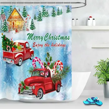 Kalėdų Kotedžas Raudona Sunkvežimių Eglės Medžio Audinio Dušo Užuolaidos Rinkinys Vonios Kambario Dekoro