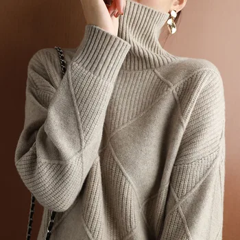 Kašmyro megztinis moterų golfo megztinis grynos spalvos megztas megztinis golfo grynas vilna prarasti didelio dydžio džemperis moterims