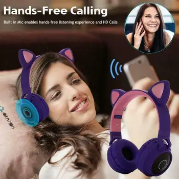 LED Belaidės Ausinės Bluetooth 5.0 Stereo Kačių Ausų Ausines Vaikų Žaidimų Mirksi Žėrintis Su Mikrofonu Kalėdų Dovanos