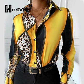 Leopard Kratinys Spausdinti Vintage Mados Marškinėliai Moterims Ilgomis Rankovėmis Pasukite Žemyn Apykaklės Slim Viršūnes Moterims