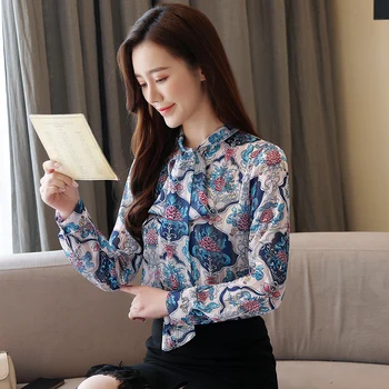 Mados Moterų BowTops Korėjos Stiliaus Moterys Ilgomis Rankovėmis Spausdinti Marškinėliai Prarasti Šifono Palaidinė Office Lady Drabužius Blusas 8401 50