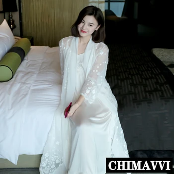 Mados Moterų Ilgas Šilko Chalatai Balta Siuvinėjimo Pižamos Princesė Nightgowns Sleepshirts Dviejų Dalių Skraiste Nustatyti, Naktiniai Drabužiai
