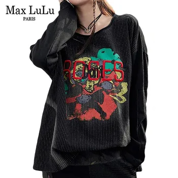 Max LuLu Prabanga Korėjiečių Prekės Ponios Dryžuotas Viršūnes Tees Moterų Siuvinėjimo T Shirts Kawaii Drabužius Moterų Derliaus Marškinėlius Plius Dydis
