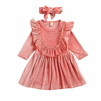 Mergina Dress Bamblys Baby Girl Aksomo Suknelė ilgomis Rankovėmis Pynimas Princesė Šalies Tutu Sukneles Šalis Suknelė, Dydis 1-4Y