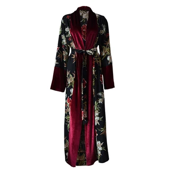 MISSJOY Atidaryti abaja Maxi Aksomo Suknelė Moterims Dubajus Kaftan Drabužių 2019 susagstomi megztiniai ilgomis Rankovėmis Gėlių Spausdinti Islamo Musulmonų kimono